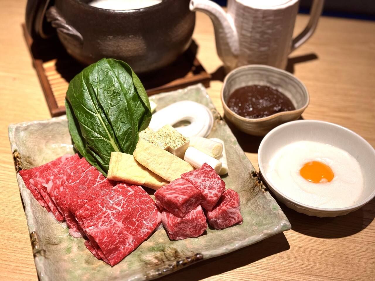 【土曜日限定 全４品】お試しコース おばんざい5種盛り、アンコウの茶碗蒸し、国産牛サーロインとリブロースの江戸味噌すき焼き、土鍋銀しゃり