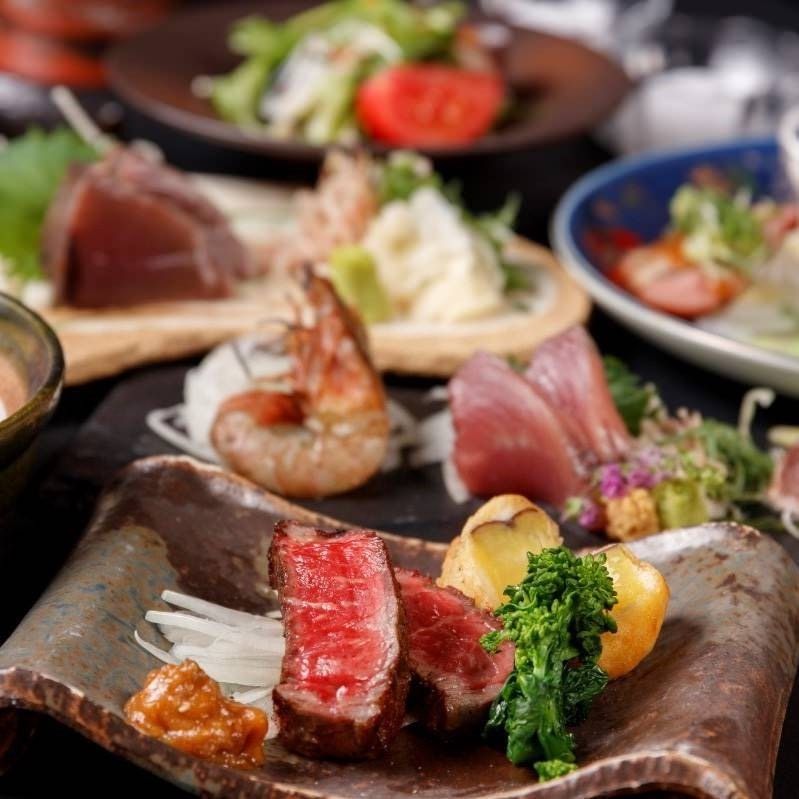 鰹藁焼き×昆布〆鯛の藁焼×鮪中トロの藁焼き　豪華藁焼き堪能！3種合盛り 碧の清流コース（2時間飲み放題付き）