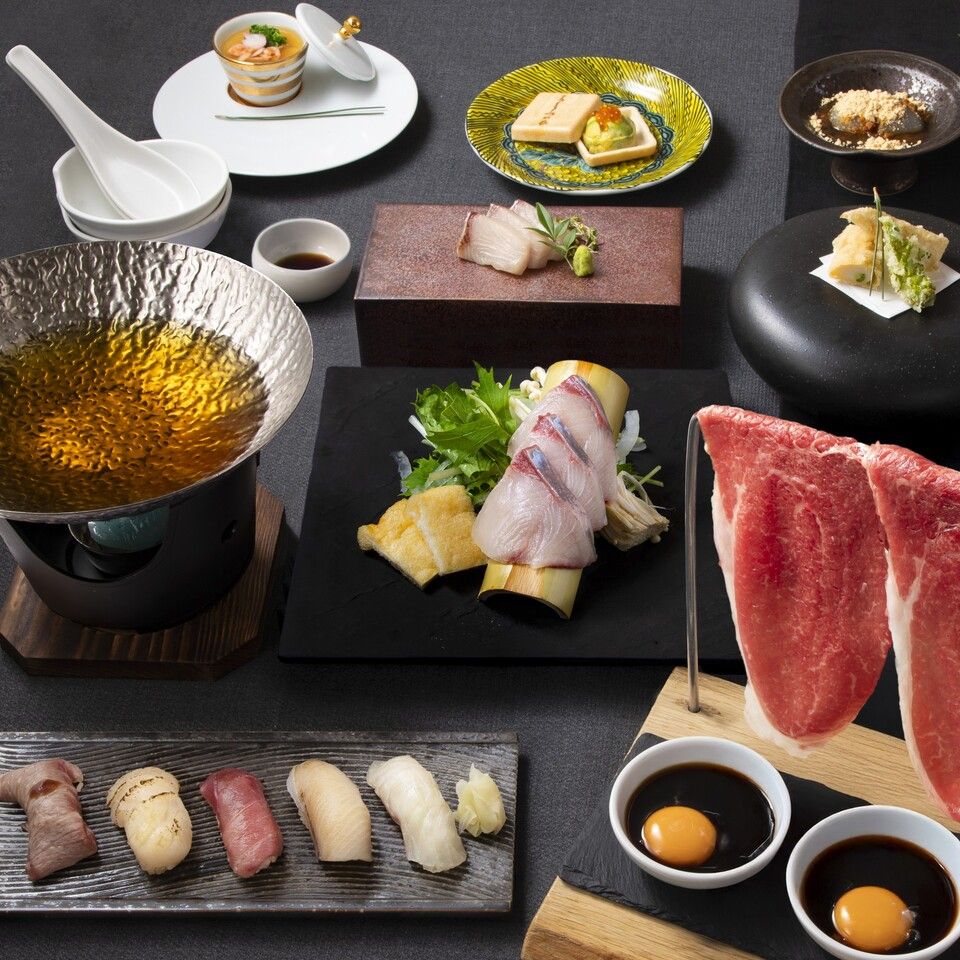[Edomae Sushi Ultimate Course] Edomae sushi, 6-second grilled Wagyu beef, and a small hot pot of sea bream and Yamagata pork with sea urchin shabu-shabu. Sushi and Japanese cuisine course (Weekdays 6400 yen / Weekends and holidays 6800 yen)