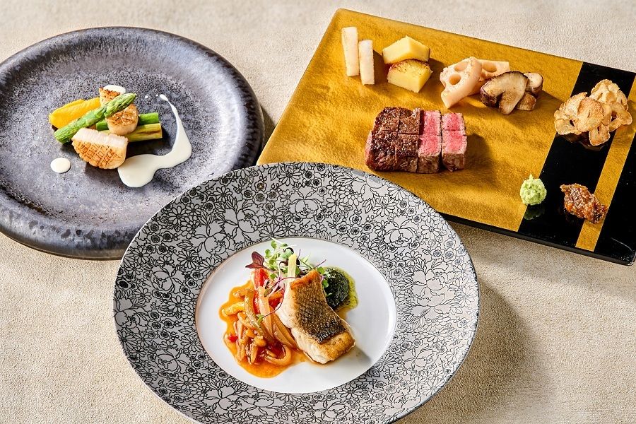 琥珀コース（ランチ）：ホタテ・旬の魚と黒毛和牛ロースステーキを堪能