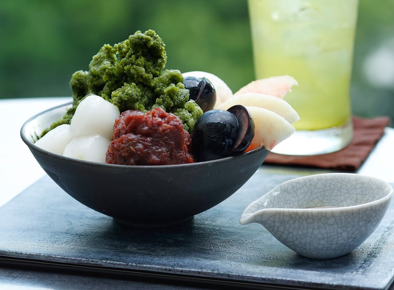 Fruit Anmitsu / wasanbon jelly & ice cream, matcha granité＋ Cold Greentea (90-min. seating)