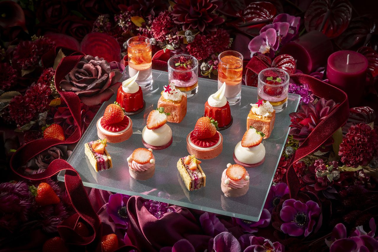 Strawberry Afternoon tea with glass champagne