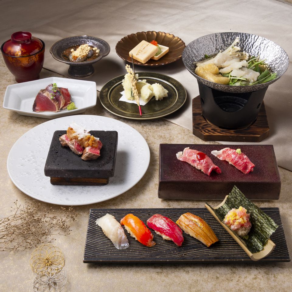 [Edomae Sushi Anniversary Course] Setouchi conger eel hot pot and seared Omi beef sushi & 5 kinds of Edomae sushi with toro-taku or eel kamameshi hitsumabushi 4800 (excluding tax)