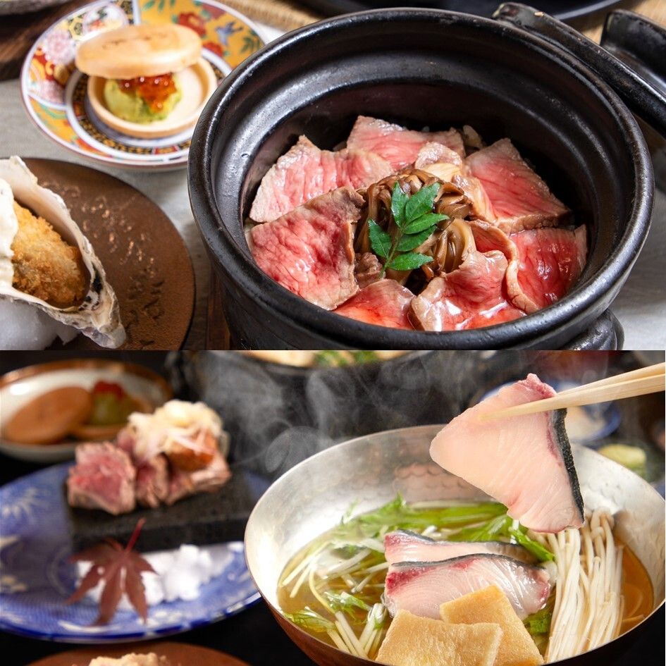 Winter Third Anniversary Course: “Kuroge Wagyu and Maitake Butter-Soy Donabe Rice” & “Three Edomae Sushi and Small Kan-buri (winter yellowtail) Shabu‑shabu Hot Pot” — 9 dishes. Weekday special price ¥5,980 → ¥5,500 (tax included)