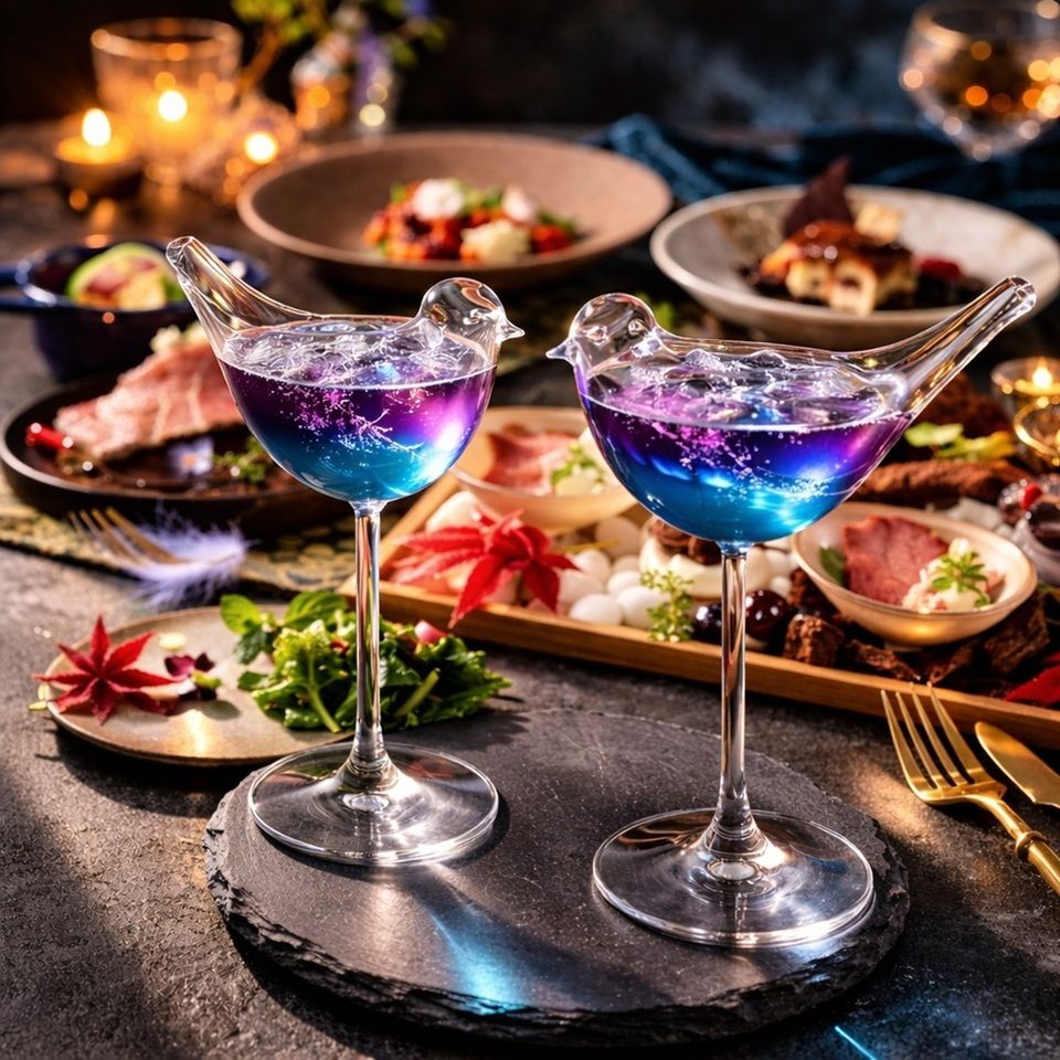 【精致晚餐】尽享春日滋味，品尝双人精致晚餐套餐，包含一杯原创的鸟形酒杯鸡尾酒祝酒