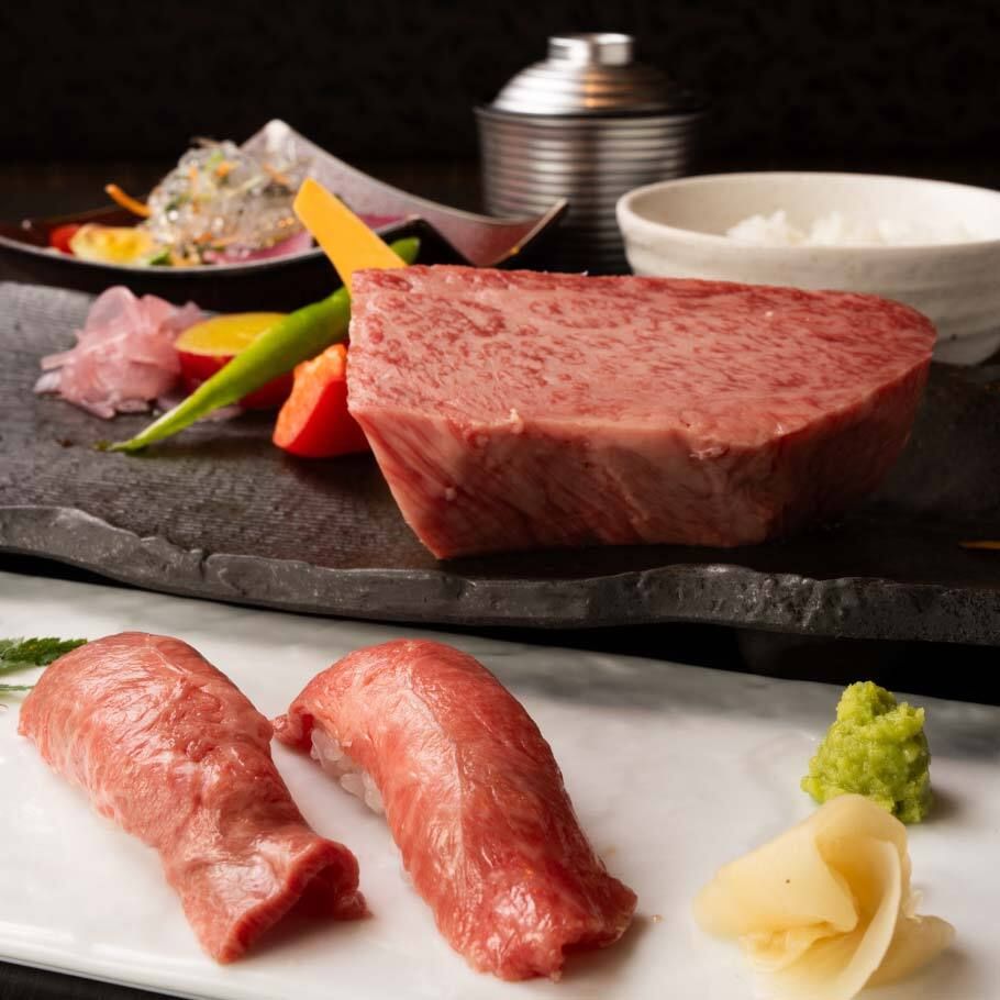 ご予約限定！「神戸牛 満福コース」神戸牛 炙り肉寿司2種、メインは神戸牛極上赤身ステーキ150gなど全7品