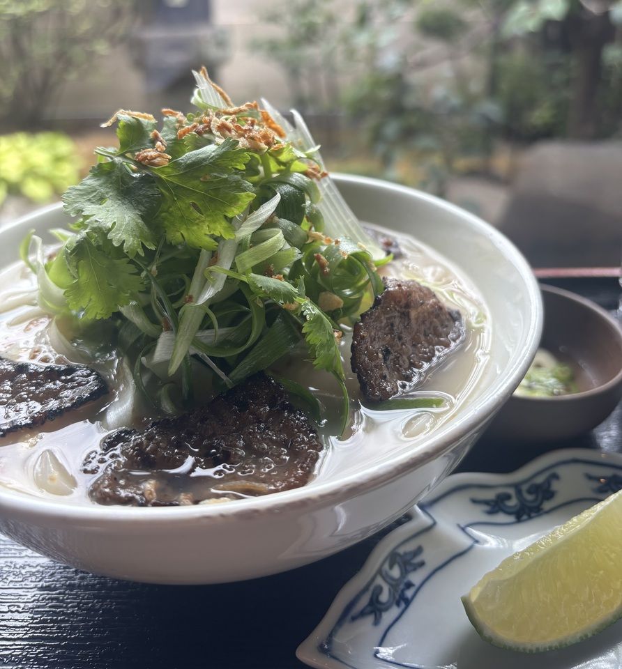 Pho with a mountain of Kyujo green onions and beef bone broth infused with charcoal smoke